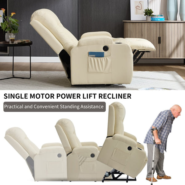 English Elm Beige PU Leather Power Lift Recliner with Massage Heat and USB for Elderly W1803S00099