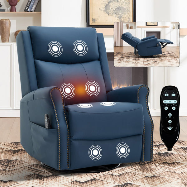 English Elm Blue Leather Swivel Rocker Recliner with Massage Heat and Copper Nail Trim for Living Room W1803S00100