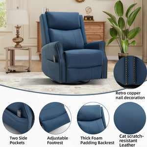English Elm Blue Leather Swivel Rocker Recliner with Massage Heat and Copper Nail Trim for Living Room W1803S00100