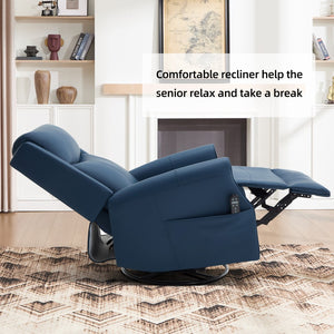 English Elm Blue Leather Swivel Rocker Recliner with Massage Heat and Copper Nail Trim for Living Room W1803S00100
