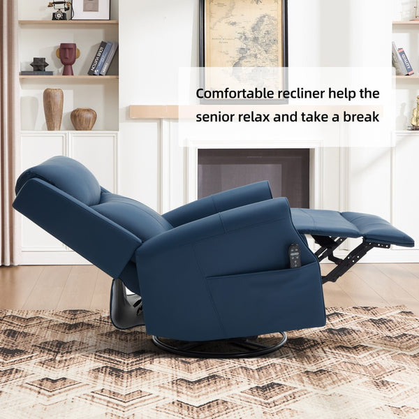 English Elm Blue Leather Swivel Rocker Recliner with Massage Heat and Copper Nail Trim for Living Room W1803S00100