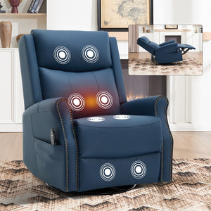 English Elm Blue Leather Swivel Rocker Recliner with Massage Heat and Copper Nail Trim for Living Room W1803S00100