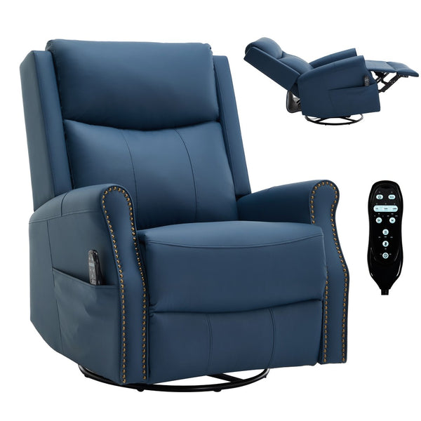 English Elm Blue Leather Swivel Rocker Recliner with Massage Heat and Copper Nail Trim for Living Room W1803S00100