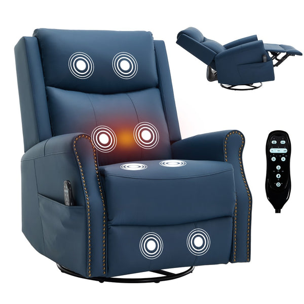 English Elm Blue Leather Swivel Rocker Recliner with Massage Heat and Copper Nail Trim for Living Room W1803S00100