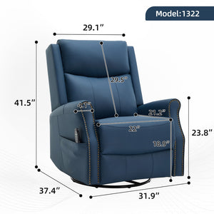 English Elm Blue Leather Swivel Rocker Recliner with Massage Heat and Copper Nail Trim for Living Room W1803S00100