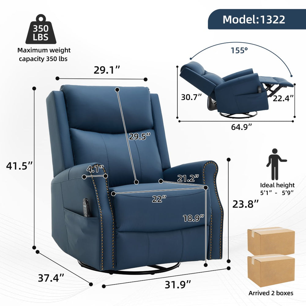 English Elm Blue Leather Swivel Rocker Recliner with Massage Heat and Copper Nail Trim for Living Room W1803S00100
