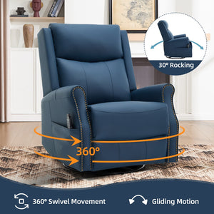 English Elm Blue Leather Swivel Rocker Recliner with Massage Heat and Copper Nail Trim for Living Room W1803S00100