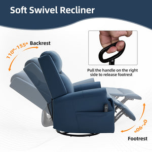 English Elm Blue Leather Swivel Rocker Recliner with Massage Heat and Copper Nail Trim for Living Room W1803S00100