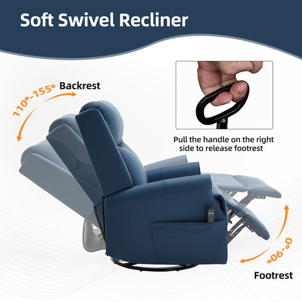 English Elm Blue Leather Swivel Rocker Recliner with Massage Heat and Copper Nail Trim for Living Room W1803S00100