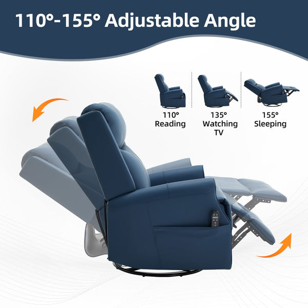 English Elm Blue Leather Swivel Rocker Recliner with Massage Heat and Copper Nail Trim for Living Room W1803S00100