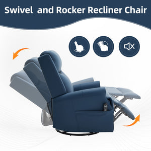 English Elm Blue Leather Swivel Rocker Recliner with Massage Heat and Copper Nail Trim for Living Room W1803S00100