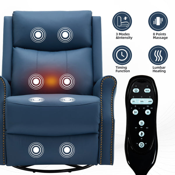 English Elm Blue Leather Swivel Rocker Recliner with Massage Heat and Copper Nail Trim for Living Room W1803S00100