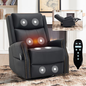 English Elm Black Microfiber Massage Rocker Recliner Swivel Club Chair with Lumbar Heat Function W1803S00101