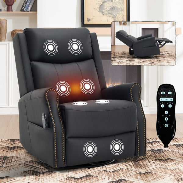 English Elm Black Microfiber Massage Rocker Recliner Swivel Club Chair with Lumbar Heat Function W1803S00101