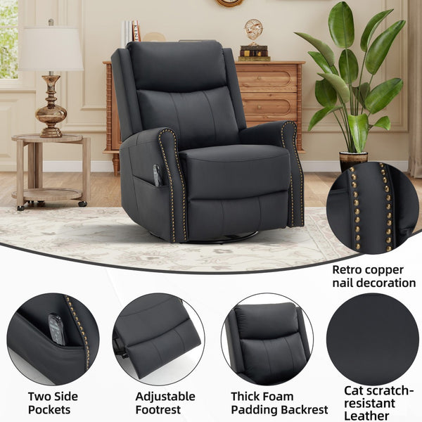 English Elm Black Microfiber Massage Rocker Recliner Swivel Club Chair with Lumbar Heat Function W1803S00101
