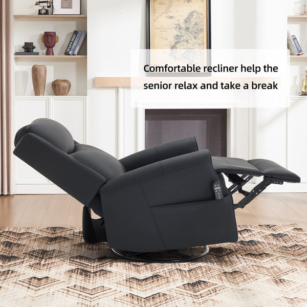 English Elm Black Microfiber Massage Rocker Recliner Swivel Club Chair with Lumbar Heat Function W1803S00101