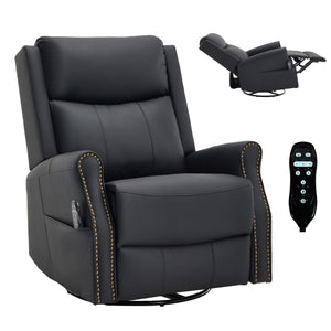 English Elm Black Microfiber Massage Rocker Recliner Swivel Club Chair with Lumbar Heat Function W1803S00101