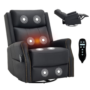 English Elm Black Microfiber Massage Rocker Recliner Swivel Club Chair with Lumbar Heat Function W1803S00101