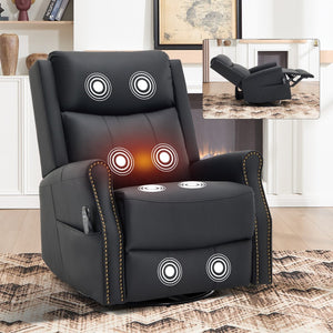 English Elm Black Microfiber Massage Rocker Recliner Swivel Club Chair with Lumbar Heat Function W1803S00101