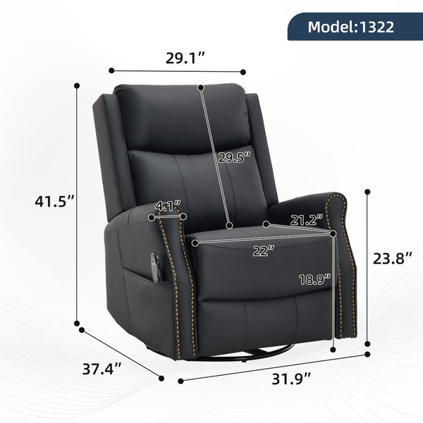 English Elm Black Microfiber Massage Rocker Recliner Swivel Club Chair with Lumbar Heat Function W1803S00101