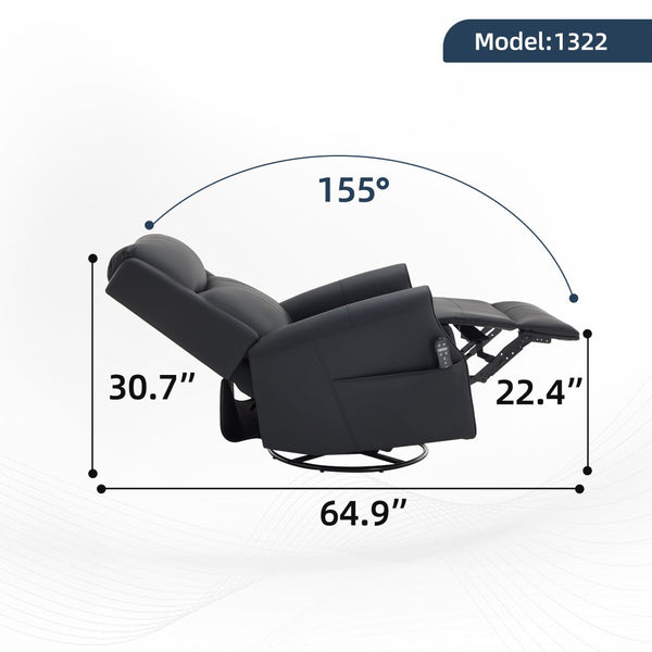 English Elm Black Microfiber Massage Rocker Recliner Swivel Club Chair with Lumbar Heat Function W1803S00101