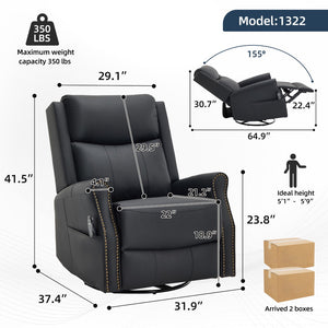 English Elm Black Microfiber Massage Rocker Recliner Swivel Club Chair with Lumbar Heat Function W1803S00101