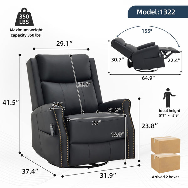 English Elm Black Microfiber Massage Rocker Recliner Swivel Club Chair with Lumbar Heat Function W1803S00101