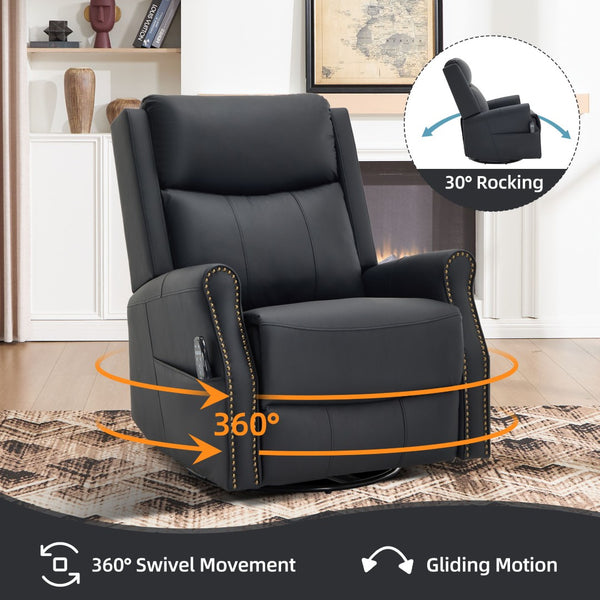 English Elm Black Microfiber Massage Rocker Recliner Swivel Club Chair with Lumbar Heat Function W1803S00101