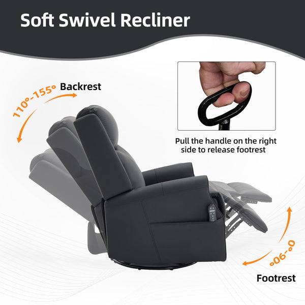 English Elm Black Microfiber Massage Rocker Recliner Swivel Club Chair with Lumbar Heat Function W1803S00101
