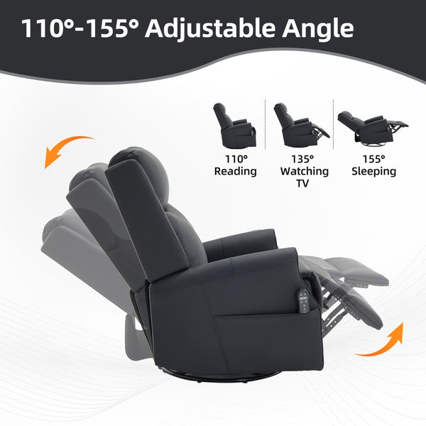 English Elm Black Microfiber Massage Rocker Recliner Swivel Club Chair with Lumbar Heat Function W1803S00101