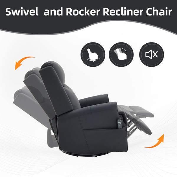 English Elm Black Microfiber Massage Rocker Recliner Swivel Club Chair with Lumbar Heat Function W1803S00101