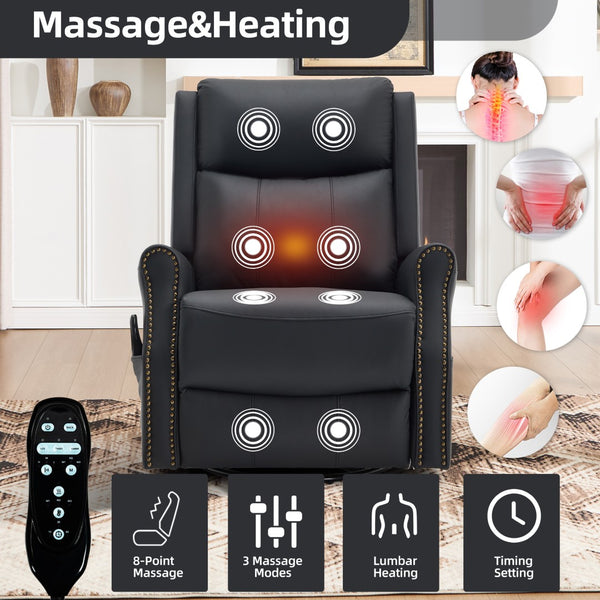 English Elm Black Microfiber Massage Rocker Recliner Swivel Club Chair with Lumbar Heat Function W1803S00101