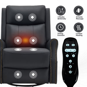 English Elm Black Microfiber Massage Rocker Recliner Swivel Club Chair with Lumbar Heat Function W1803S00101