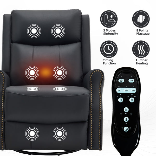 English Elm Black Microfiber Massage Rocker Recliner Swivel Club Chair with Lumbar Heat Function W1803S00101