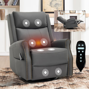 English Elm Grey Microfiber Swivel Rocker Recliner with Massage Heat and Copper Nail Trim W1803S00102