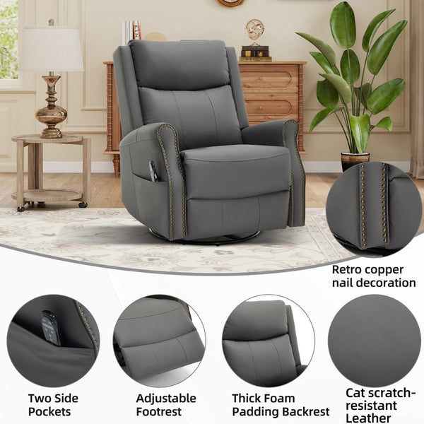 English Elm Grey Microfiber Swivel Rocker Recliner with Massage Heat and Copper Nail Trim W1803S00102