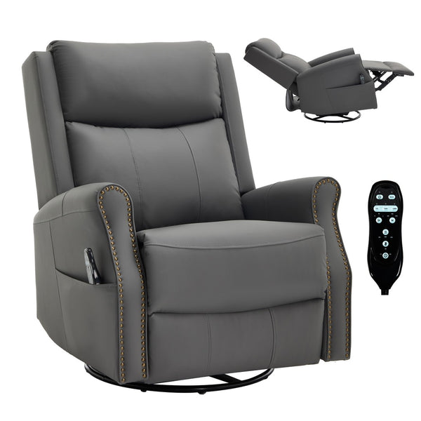 English Elm Grey Microfiber Swivel Rocker Recliner with Massage Heat and Copper Nail Trim W1803S00102