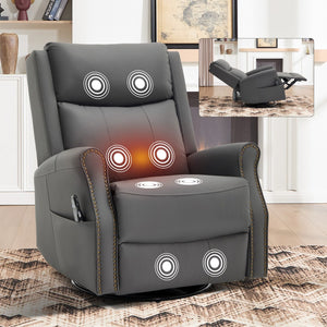 English Elm Grey Microfiber Swivel Rocker Recliner with Massage Heat and Copper Nail Trim W1803S00102