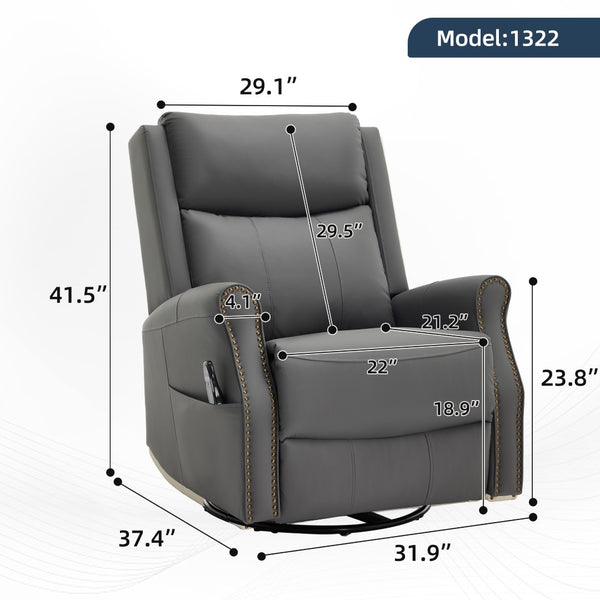 English Elm Grey Microfiber Swivel Rocker Recliner with Massage Heat and Copper Nail Trim W1803S00102