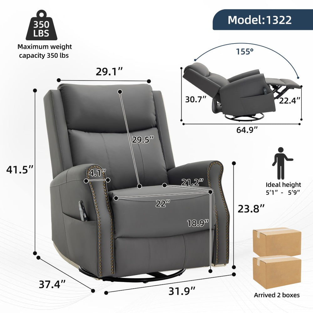 English Elm Grey Microfiber Swivel Rocker Recliner with Massage Heat and Copper Nail Trim W1803S00102