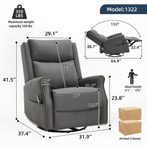 English Elm Grey Microfiber Swivel Rocker Recliner with Massage Heat and Copper Nail Trim W1803S00102