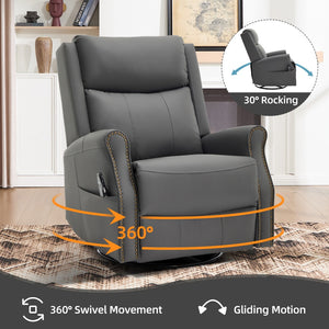 English Elm Grey Microfiber Swivel Rocker Recliner with Massage Heat and Copper Nail Trim W1803S00102