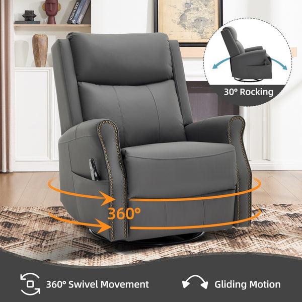 English Elm Grey Microfiber Swivel Rocker Recliner with Massage Heat and Copper Nail Trim W1803S00102