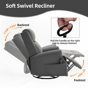 English Elm Grey Microfiber Swivel Rocker Recliner with Massage Heat and Copper Nail Trim W1803S00102