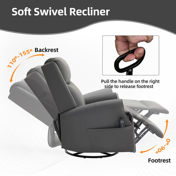 English Elm Grey Microfiber Swivel Rocker Recliner with Massage Heat and Copper Nail Trim W1803S00102