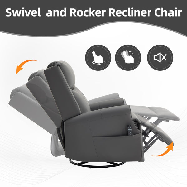 English Elm Grey Microfiber Swivel Rocker Recliner with Massage Heat and Copper Nail Trim W1803S00102