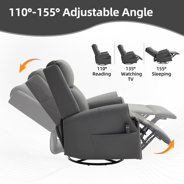 English Elm Grey Microfiber Swivel Rocker Recliner with Massage Heat and Copper Nail Trim W1803S00102