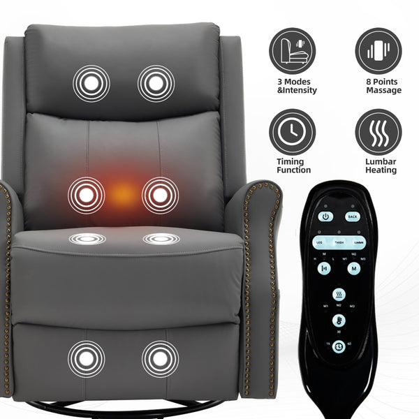 English Elm Grey Microfiber Swivel Rocker Recliner with Massage Heat and Copper Nail Trim W1803S00102