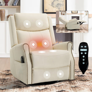 English Elm Beige Leather Massage Rocker Recliner with Lumbar Heat and Nail Trim Accent W1803S00103