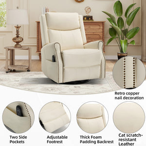English Elm Beige Leather Massage Rocker Recliner with Lumbar Heat and Nail Trim Accent W1803S00103